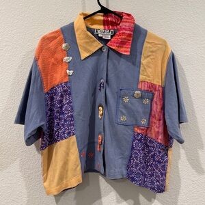 Vintage Faith Patchwork Boho Floral Button Front Collared Cropped Top Size Small